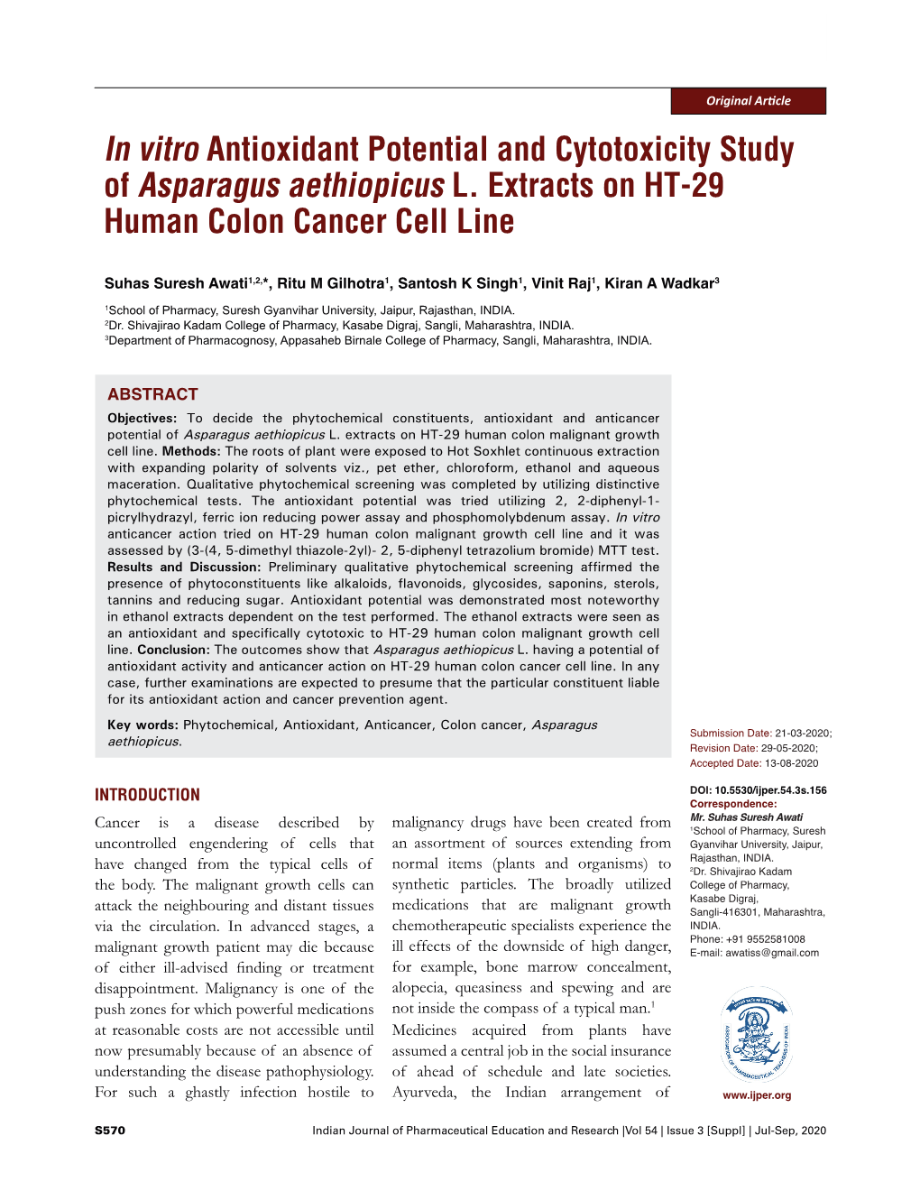 In Vitro Antioxidant Potential and Cytotoxicity Study of Asparagus Aethiopicus L