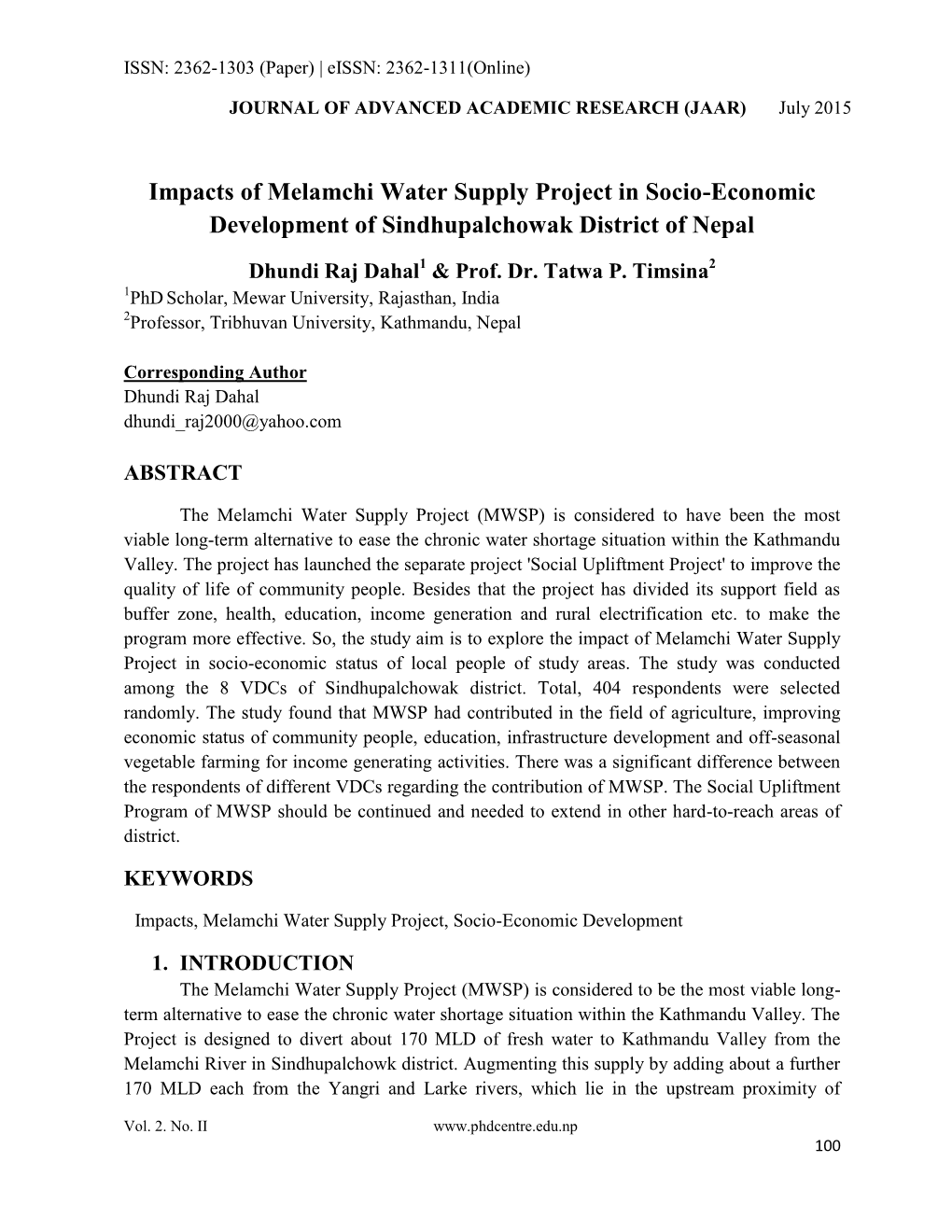 Impacts of Melamchi Water Supply Project in Socio-Economic Development of Sindhupalchowak District of Nepal