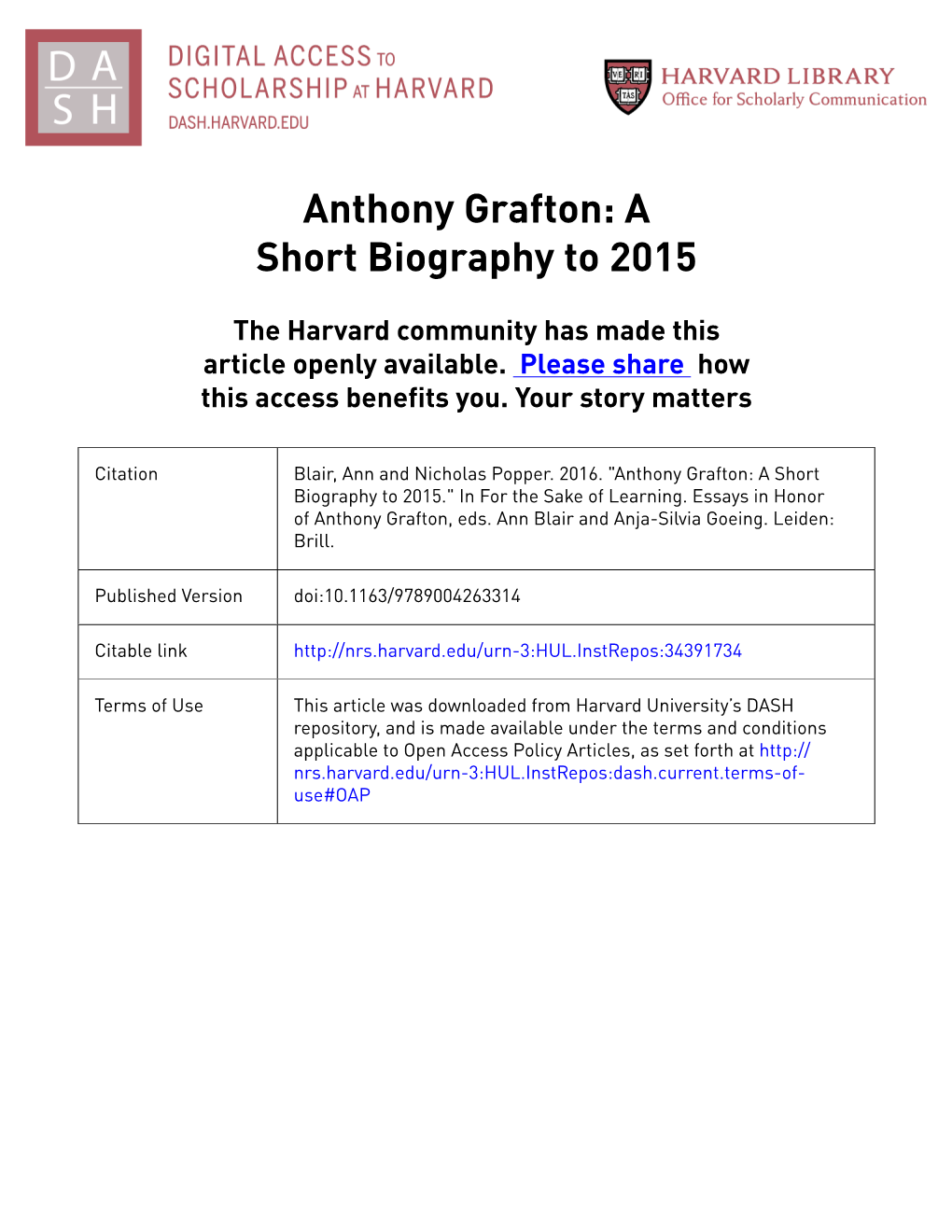 Anthony Grafton: a Short Biography to 2015