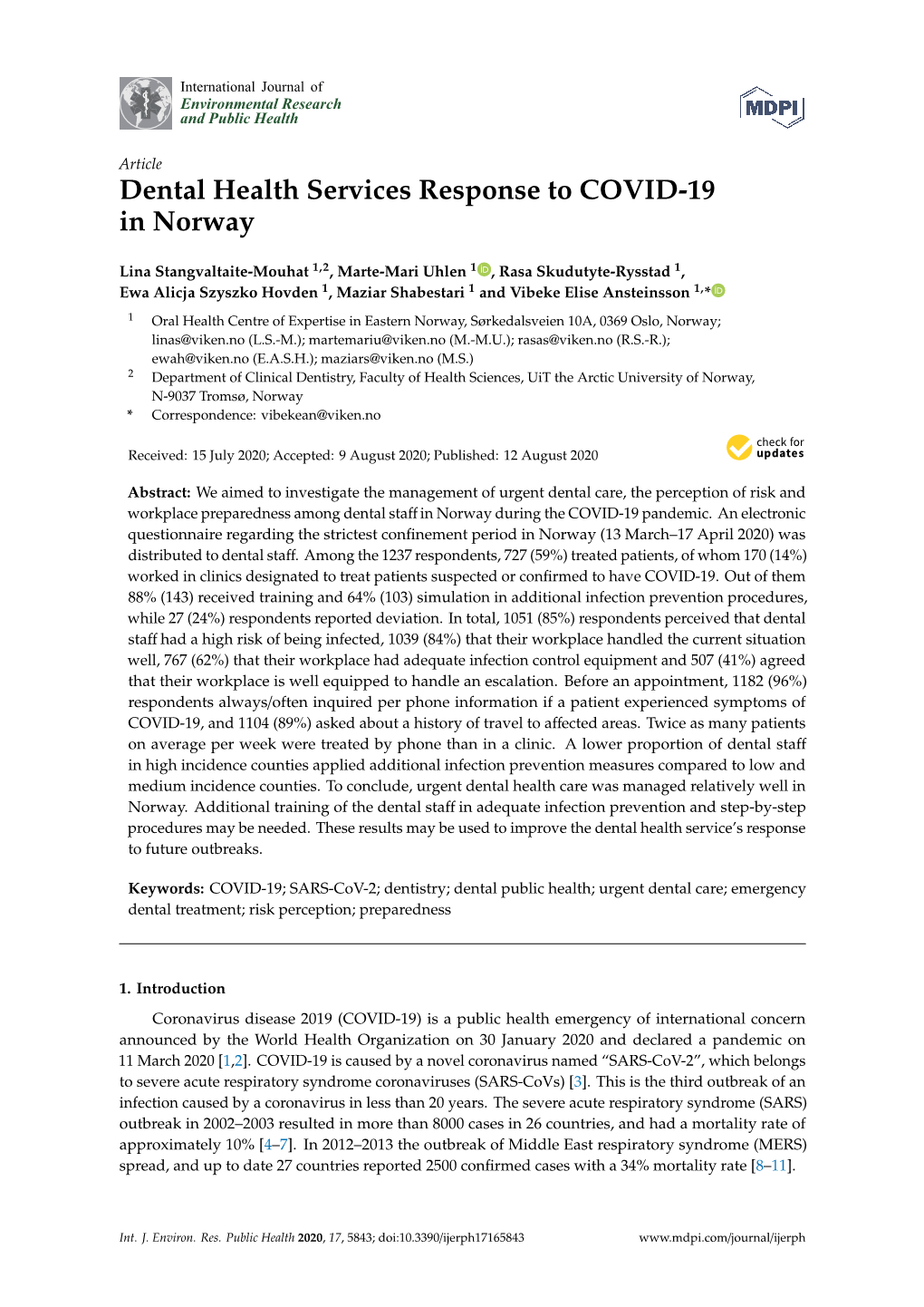 Dental Health Services Response to COVID-19 in Norway