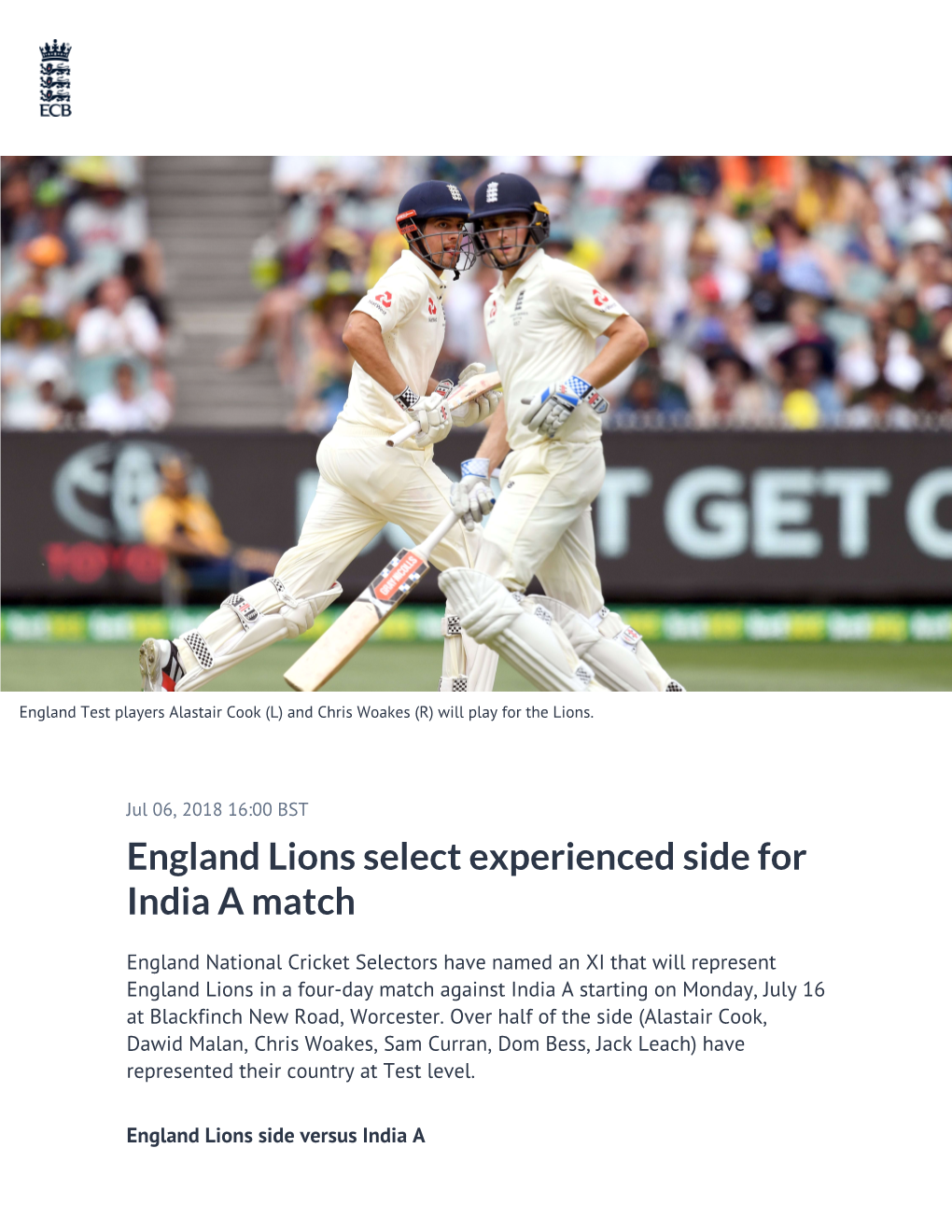 ​England Lions Select Experienced Side for India a Match