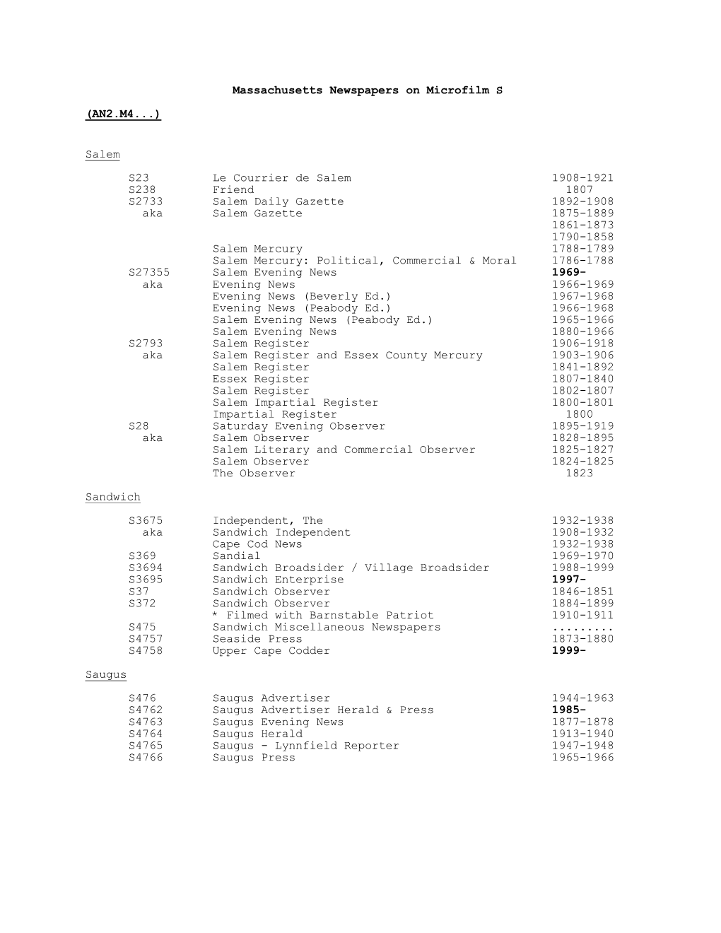 Massachusetts Newspapers on Microfilm S (AN2.M4...)