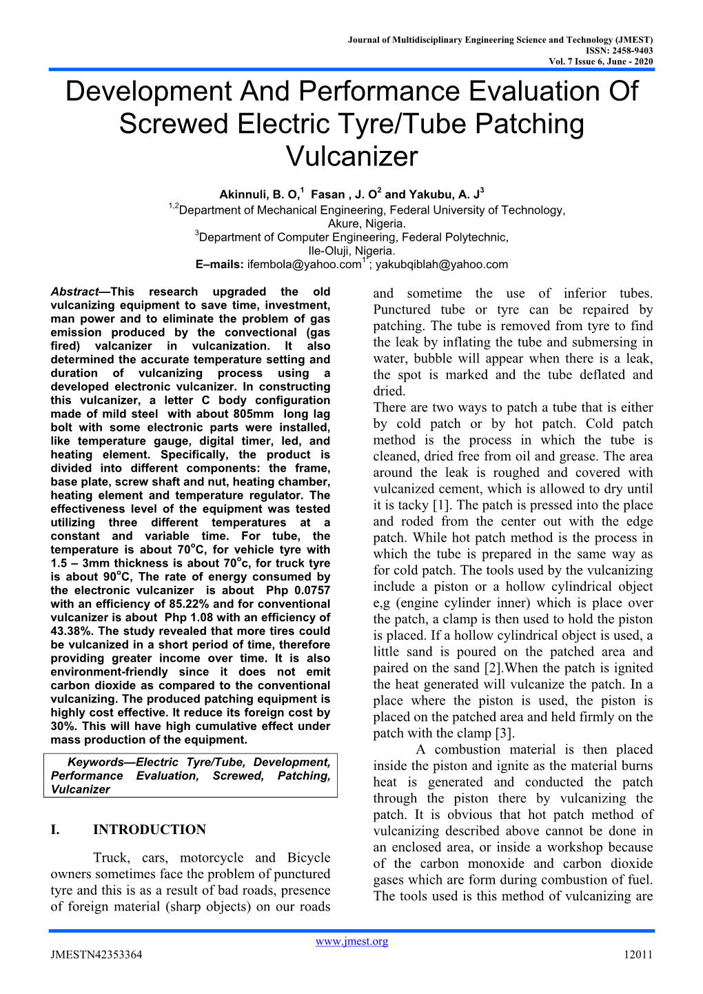 Development and Performance Evaluation of Screwed Electric Tyre/Tube Patching Vulcanizer