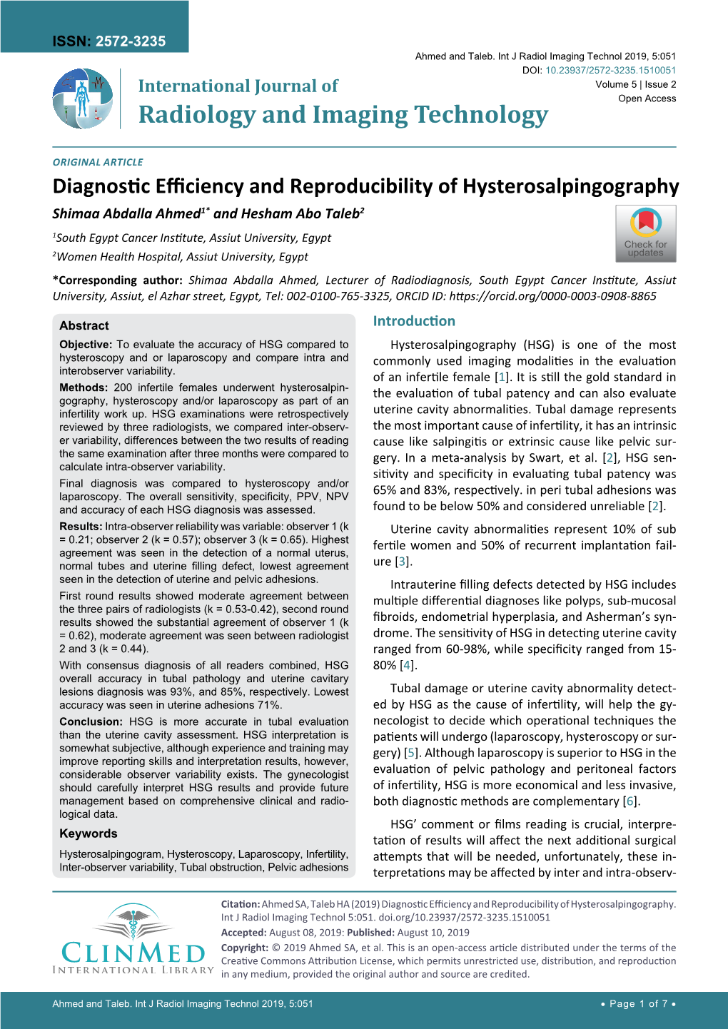 Diagnostic Efficiency and Reproducibility of Hysterosalpingography