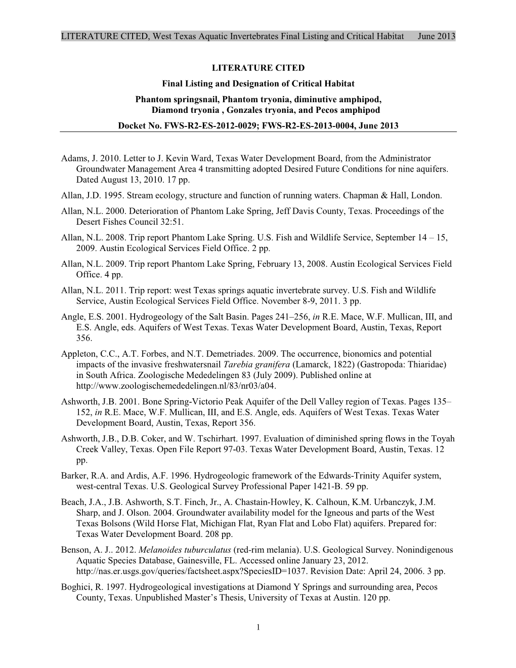 LITERATURE CITED, West Texas Aquatic Invertebrates Final Listing and Critical Habitat June 2013