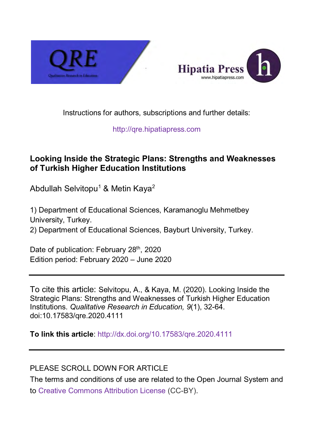 Looking Inside the Strategic Plans: Strengths and Weaknesses of Turkish Higher Education Institutions