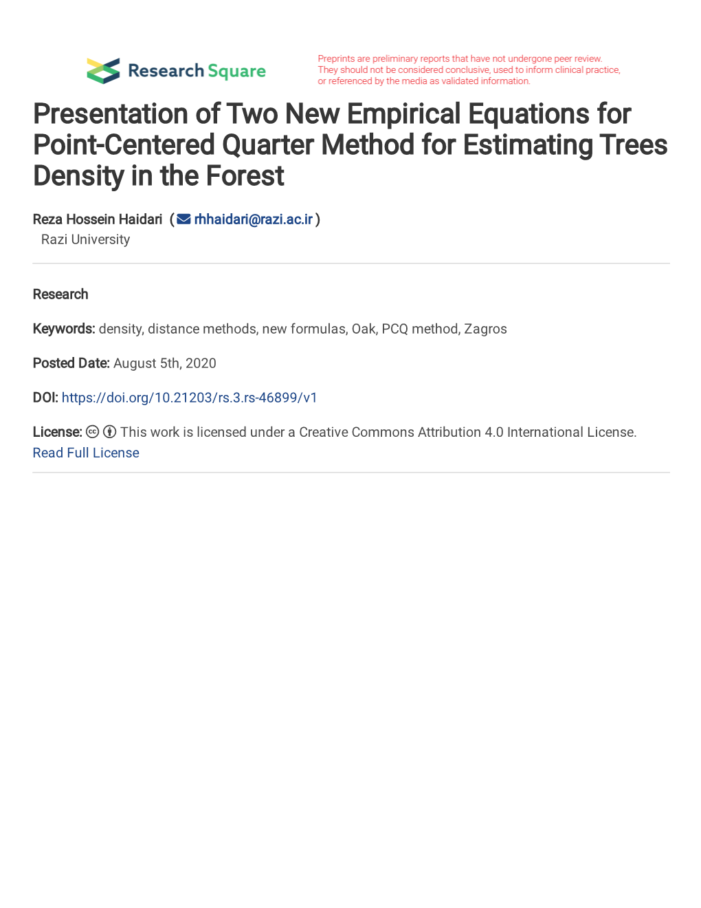 1 Presentation of Two New Empirical Equations for Point-Centered Quarter Method For