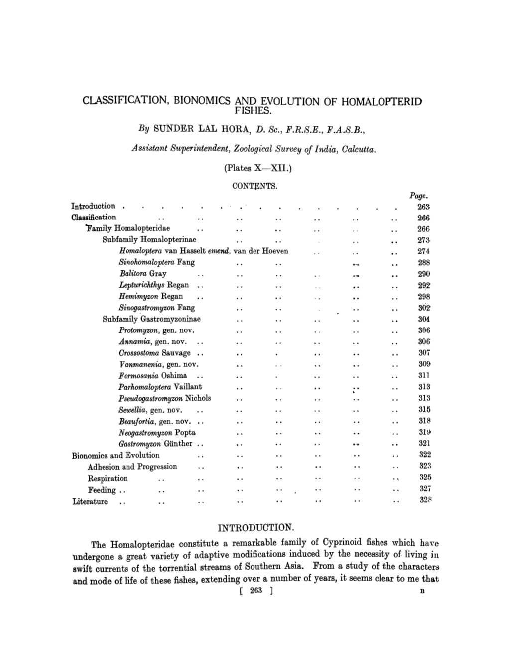 CLASSIFICATION, BIONOMICS and EVOLUTION of HOMALOPTERID FISHES. by SUNDER LAL HORA, D