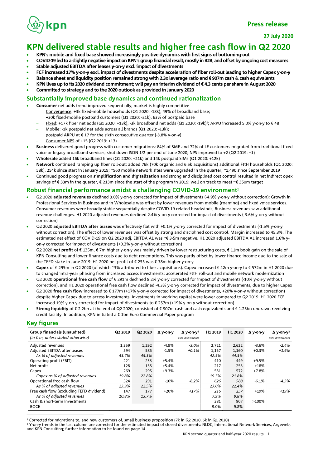 KPN Delivered Stable Results and Higher Free Cash Flow in Q2 2020