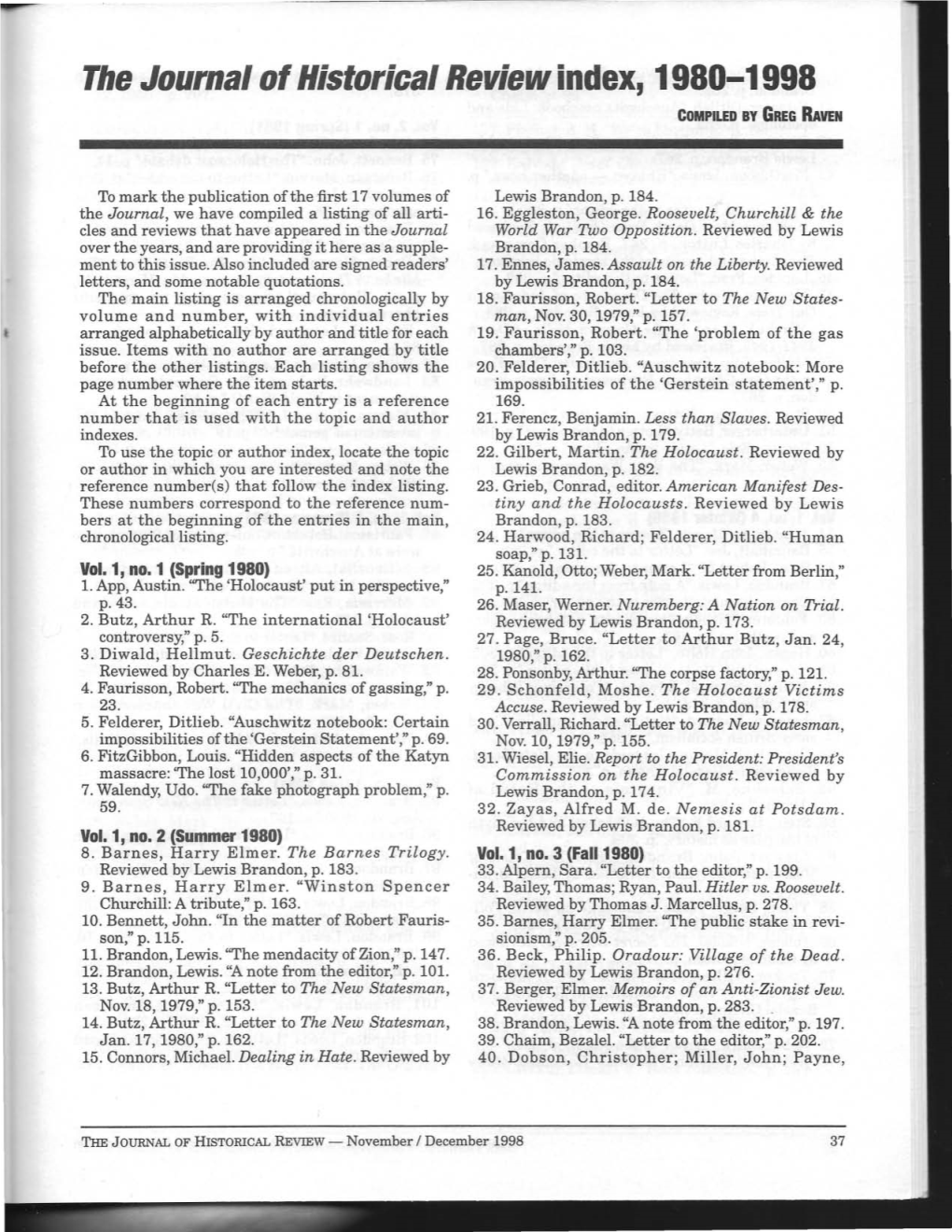 The Journal of Historical Review Index, 1980-1998 COMPILED by GREG RAVEN