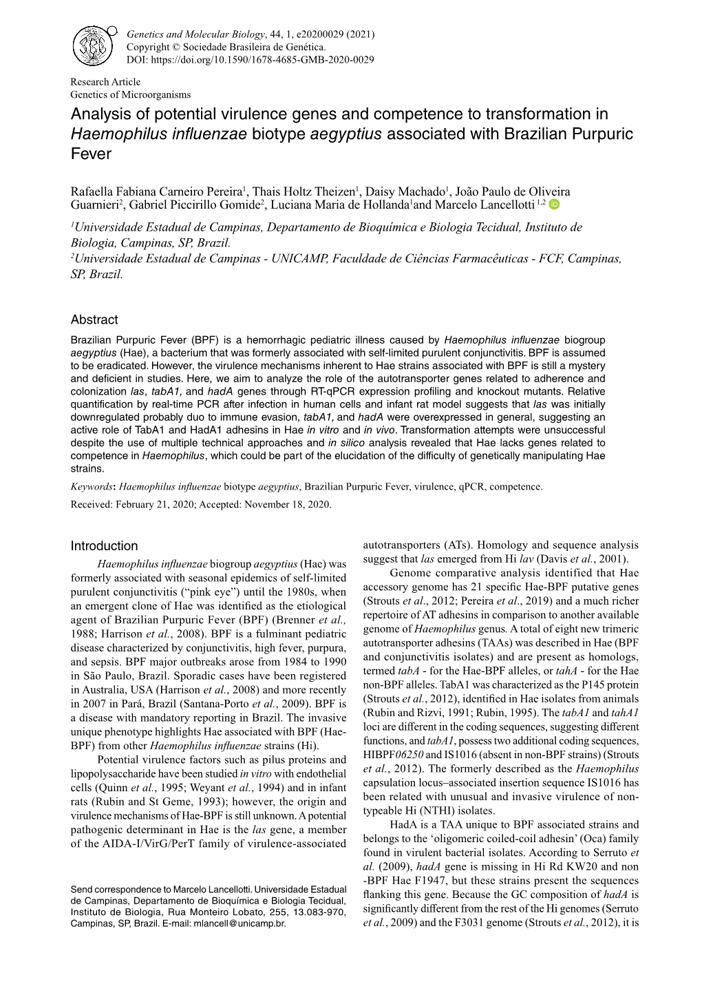 Genetics and Molecular Biology, 44, 1, E20200029 (2021) Copyright © Sociedade Brasileira De Genética