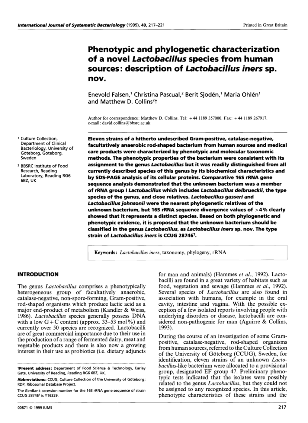 Description of Lactobacillus Iners Sp. Nov