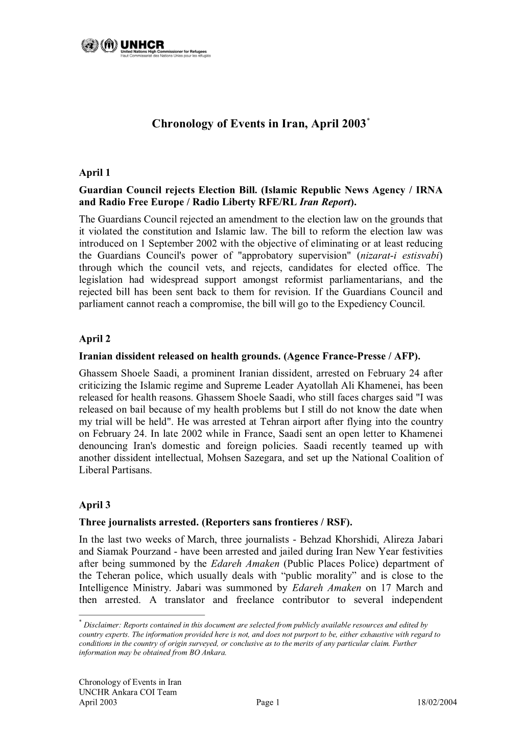 Chronology of Events in Iran, April 2003*