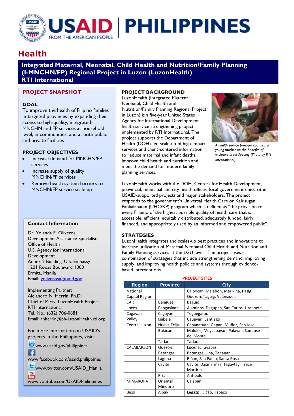 Integrated Maternal, Neonatal, Child Health and Nutrition/Family Planning (I-MNCHN/FP) Regional Project in Luzon (Luzonhealth) RTI International