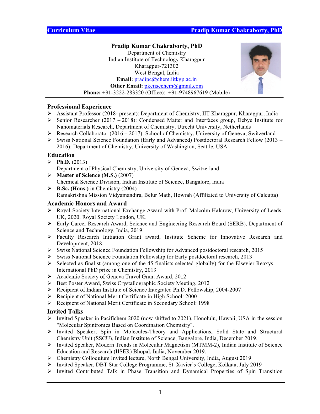 Curriculum Vitae Pradip Kumar Chakraborty, Phd