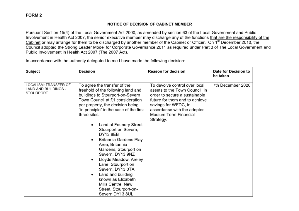 Report: Localism Transfer of Land and Buildings Stourport