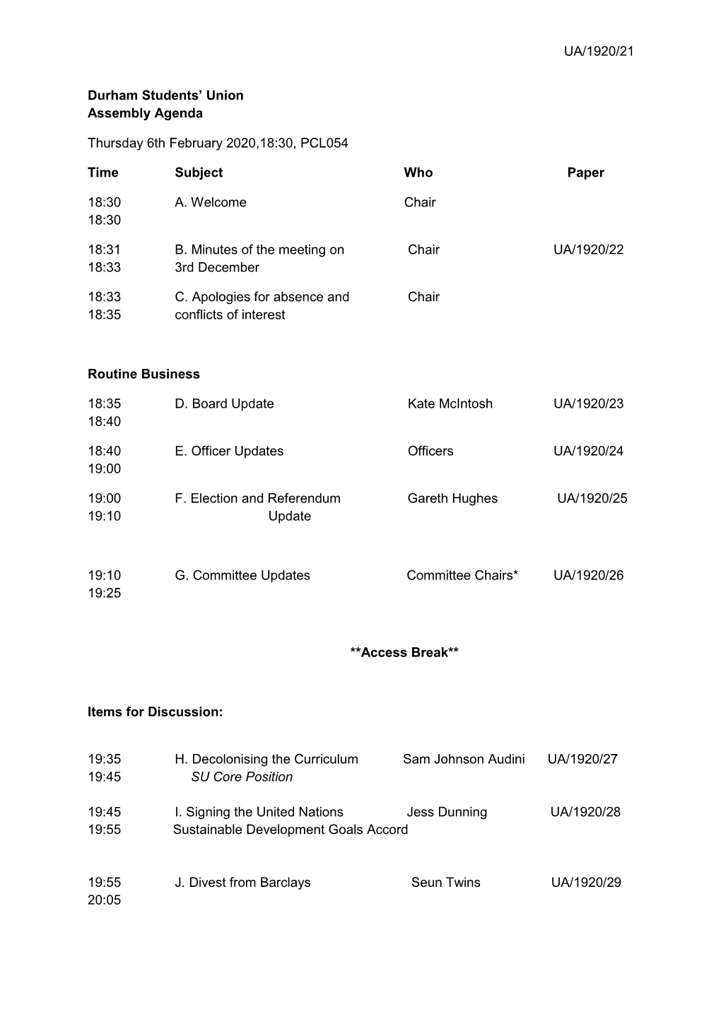 UA/1920/21 Durham Students' Union Assembly Agenda Thursday 6Th