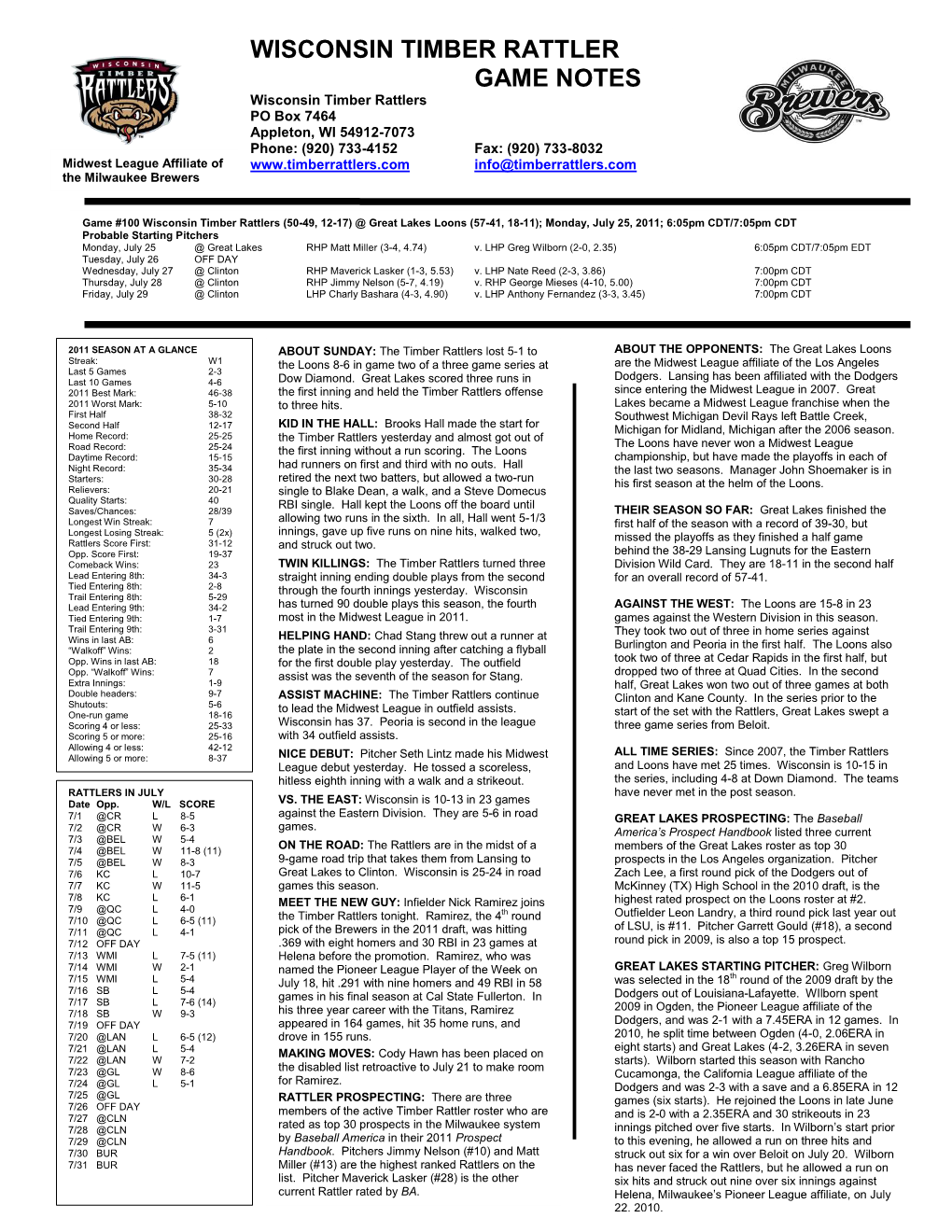 Wisconsin Timber Rattler Game Notes