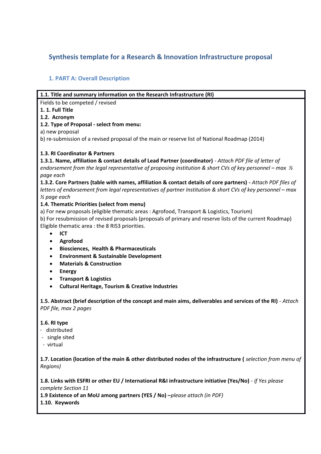 Synthesis Template for a Research & Innovation Infrastructure Proposal