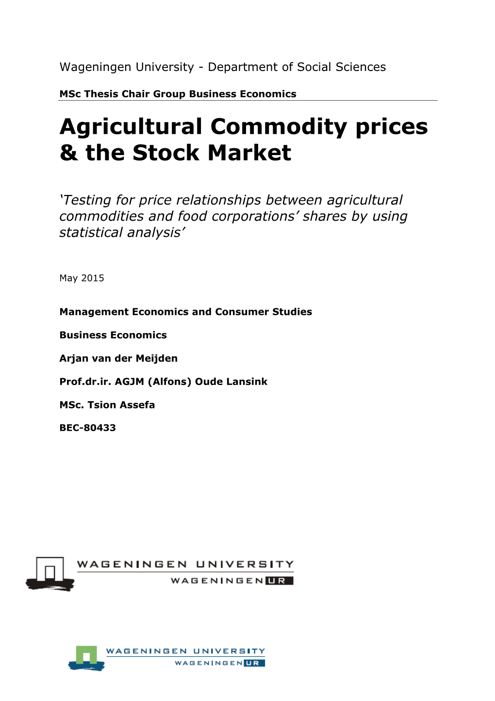 Agricultural Commodity Prices & the Stock Market