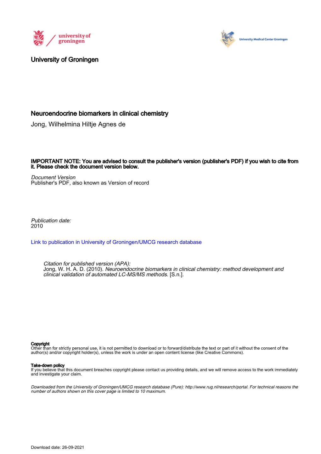 University of Groningen Neuroendocrine Biomarkers In