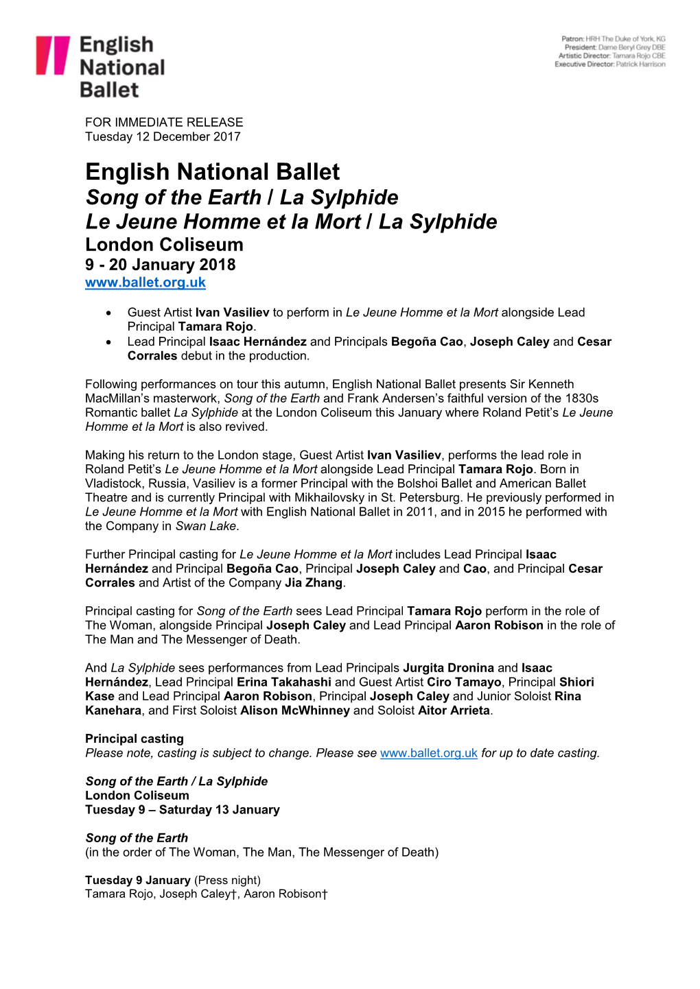 English National Ballet Song of the Earth / La Sylphide Le Jeune Homme Et La Mort / La Sylphide London Coliseum 9 - 20 January 2018
