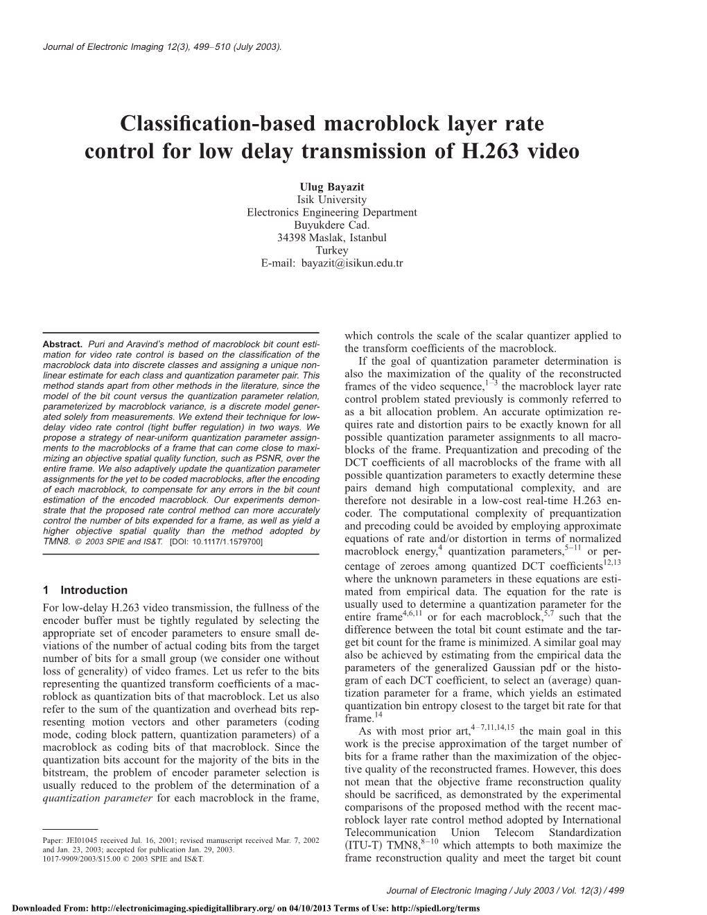 Classification-Based Macroblock Layer Rate Control for Low Delay