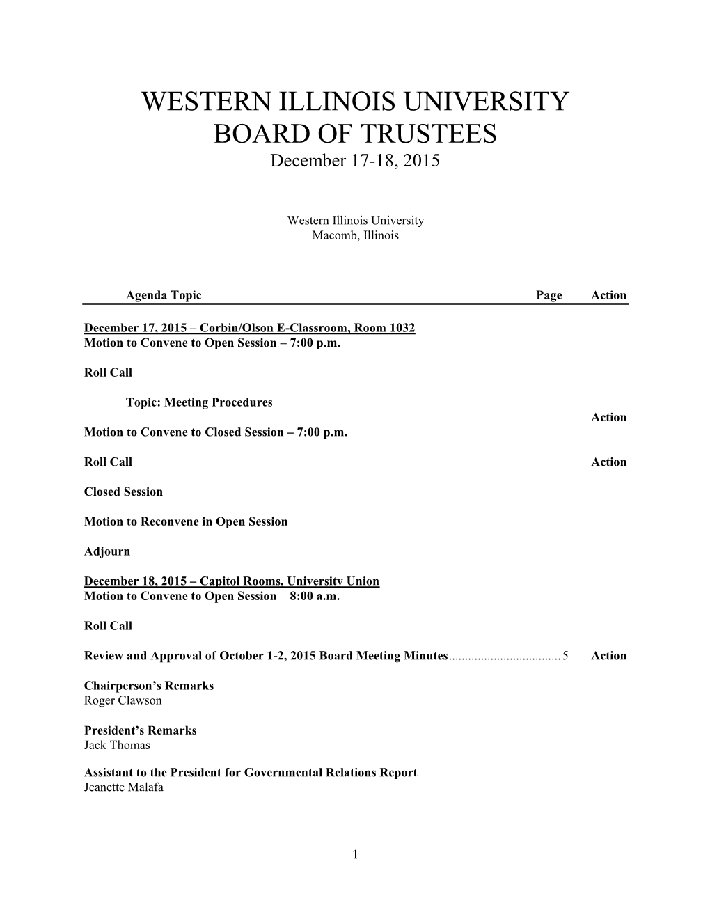 WESTERN ILLINOIS UNIVERSITY BOARD of TRUSTEES December 17-18, 2015