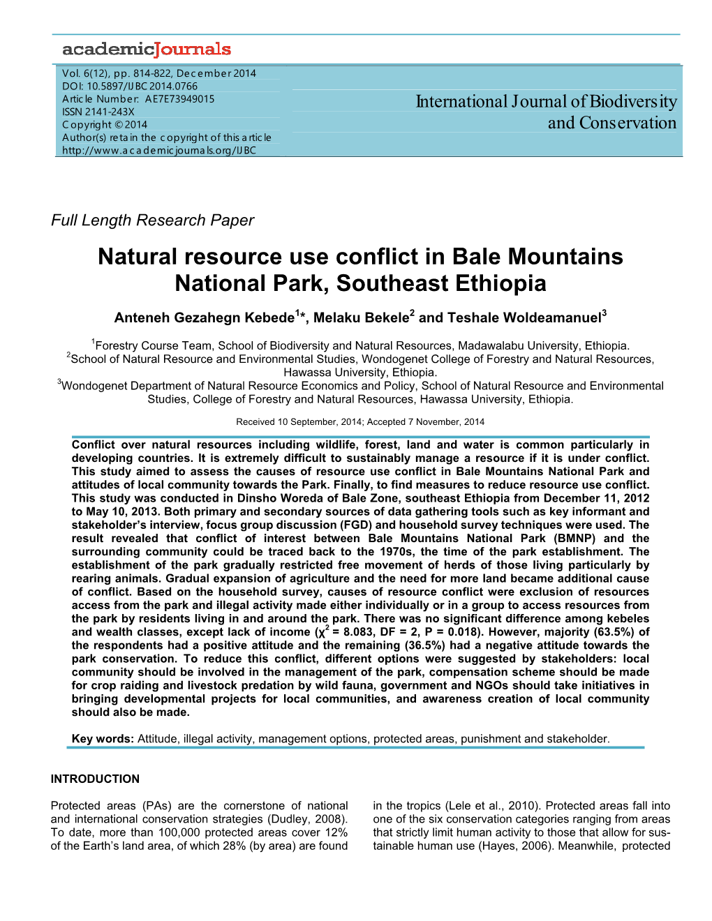 Natural Resource Use Conflict in Bale Mountains National Park, Southeast Ethiopia