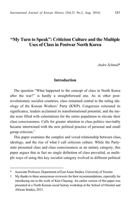 Criticism Culture and the Multiple Uses of Class in Postwar North Korea