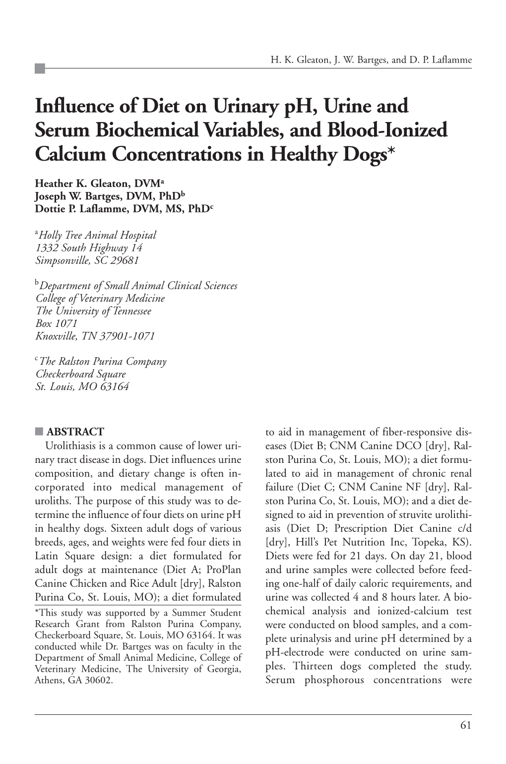 Influence of Diet on Urinary Ph, Urine and Serum Biochemical Variables, and Blood-Ionized Calcium Concentrations in Healthy Dogs*