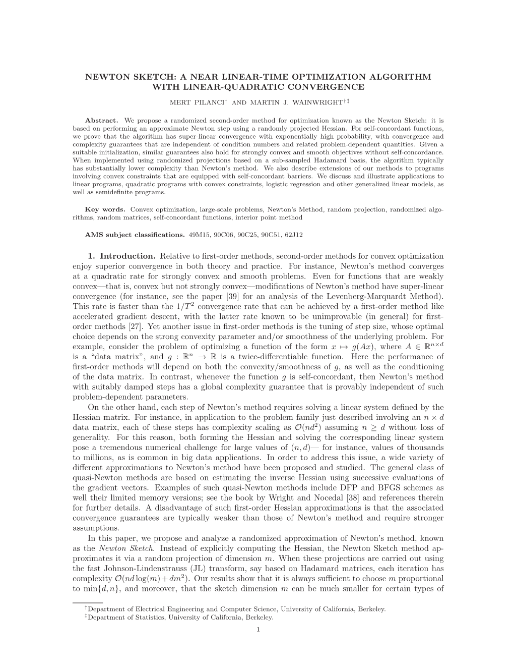 Newton Sketch: a Near Linear-Time Optimization Algorithm with Linear-Quadratic Convergence