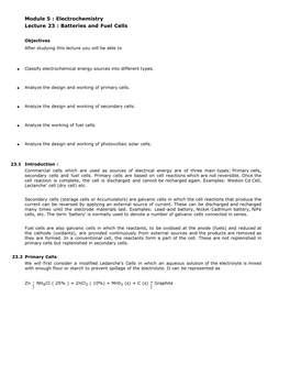 Module 5 : Electrochemistry Lecture 23 : Batteries and Fuel Cells