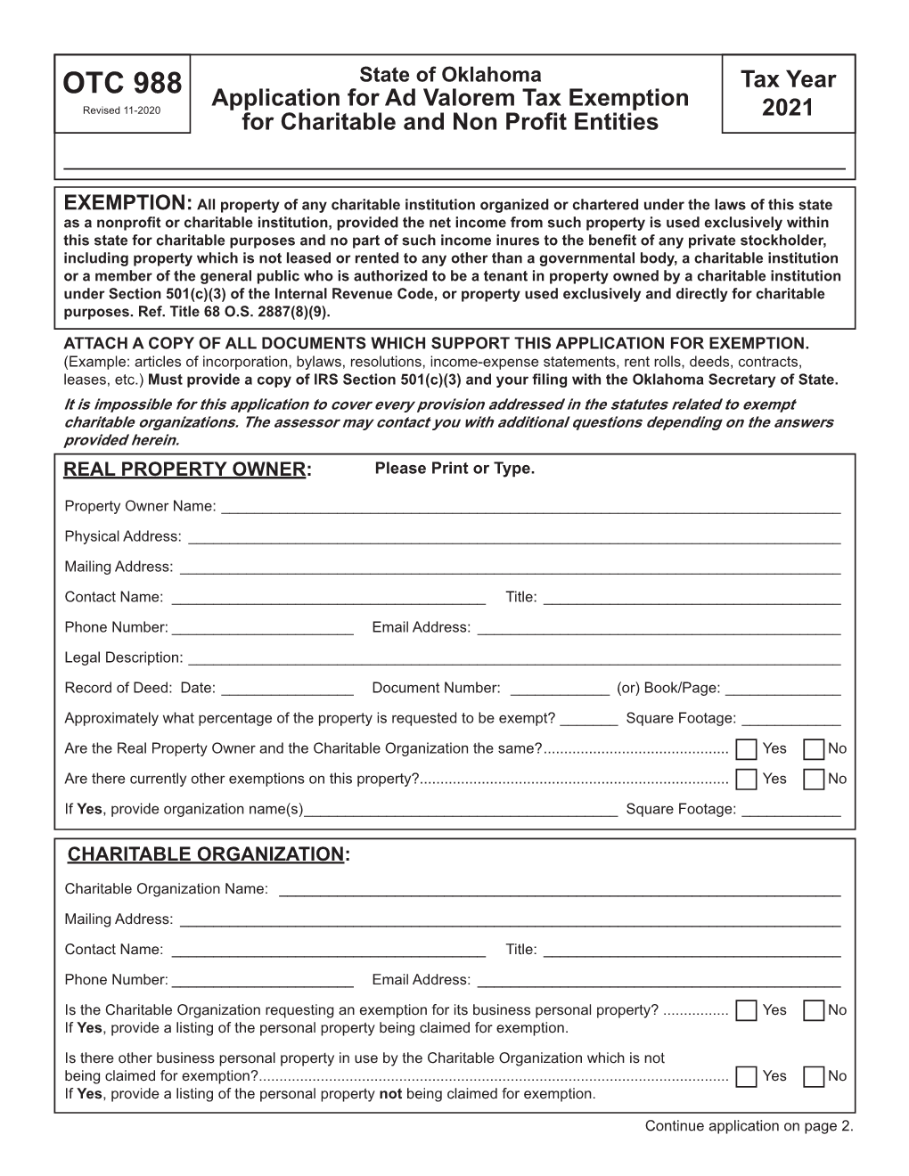 2021 Form 988 Application for Ad Valorem Tax Exemption for Charitable and Non Profit Entities