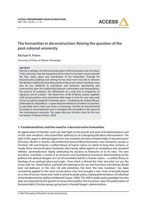 The Humanities in Deconstruction: Raising the Question of the Post-Colonial University