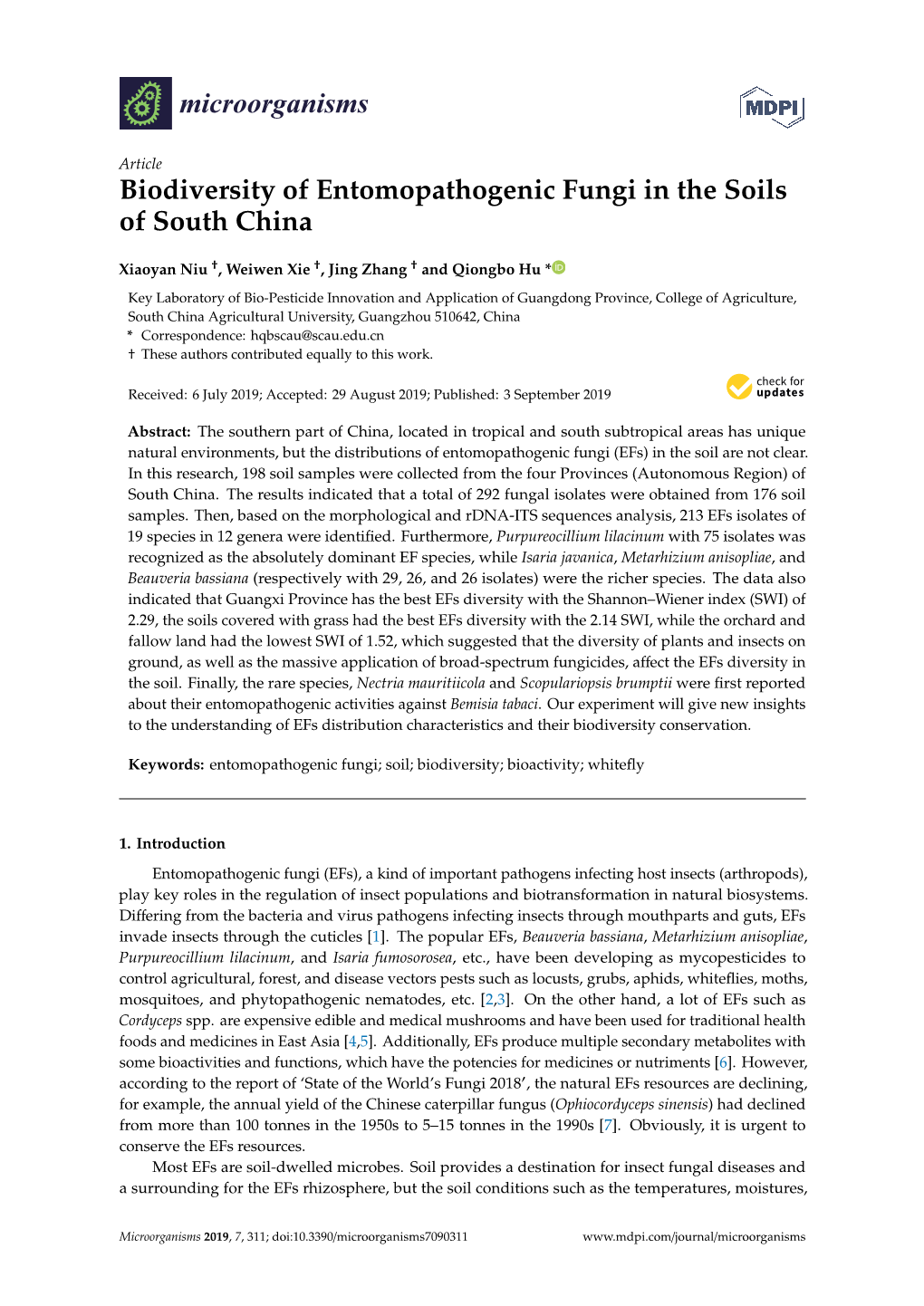 Biodiversity of Entomopathogenic Fungi in the Soils of South China