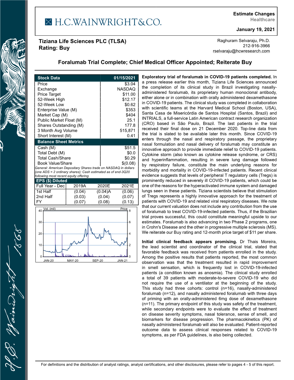 Tiziana Life Sciences PLC (TLSA) Rating: Buy Foralumab Trial Complete