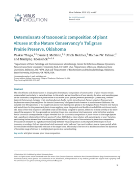 Determinants of Taxonomic Composition of Plant Viruses at the Nature Conservancy’S Tallgrass Prairie Preserve, Oklahoma Vaskar Thapa,1,2 Daniel J
