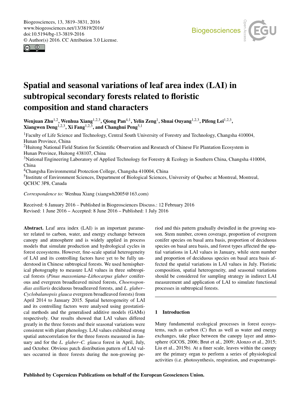 Spatial and Seasonal Variations of Leaf Area Index (LAI) in Subtropical Secondary Forests Related to ﬂoristic Composition and Stand Characters