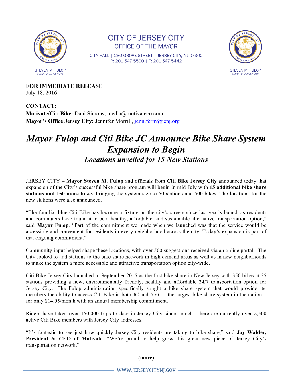 Mayor Fulop and Citi Bike JC Announce Bike Share System Expansion to Begin Locations Unveiled for 15 New Stations