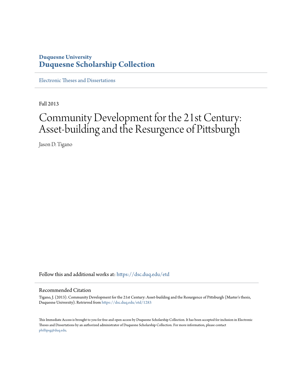 Community Development for the 21St Century: Asset-Building and the Resurgence of Pittsburgh Jason D