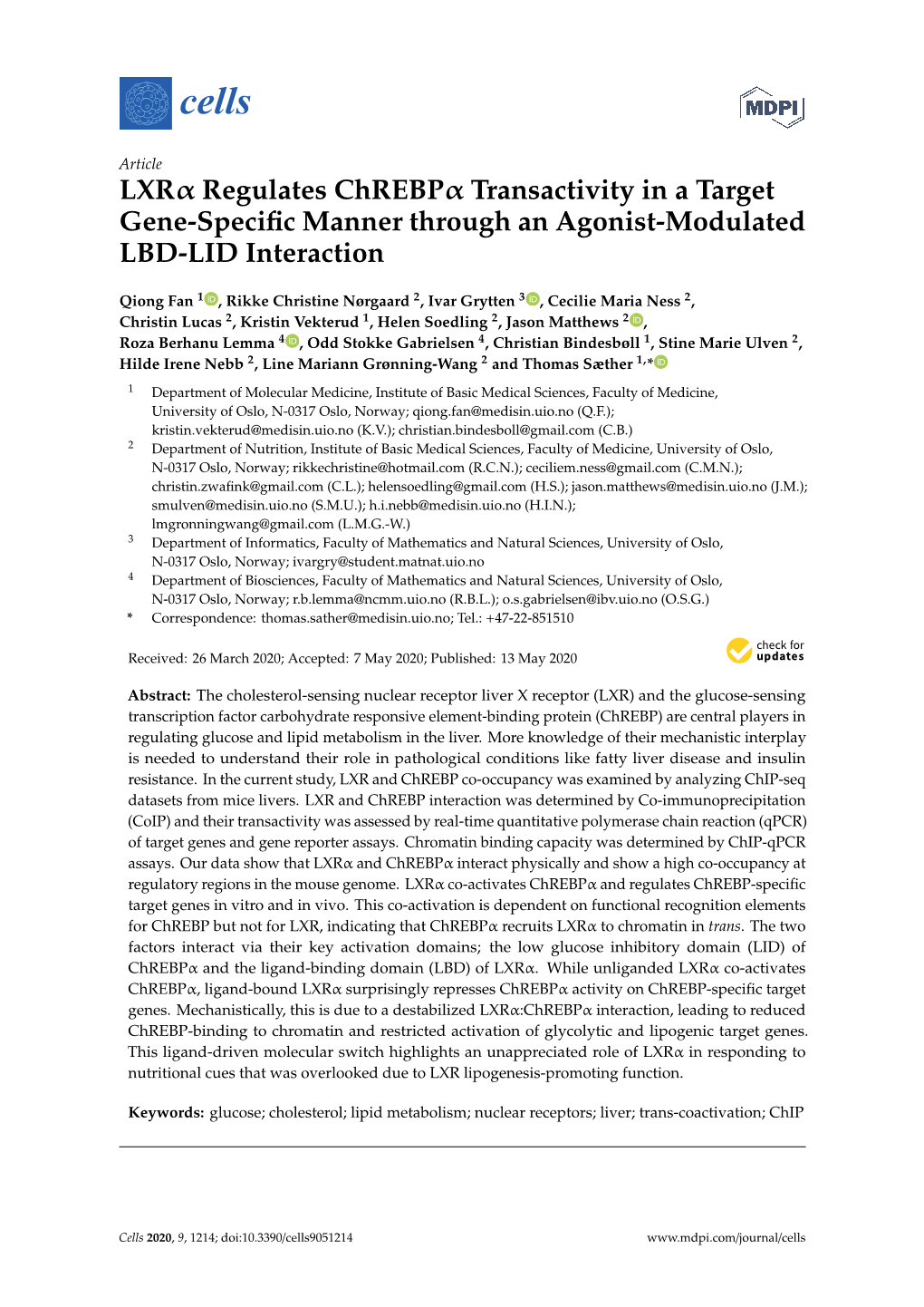 LXR Regulates Chrebp Transactivity in a Target Gene-Specific Manner Through an Agonist-Modulated LBD-LID Interaction