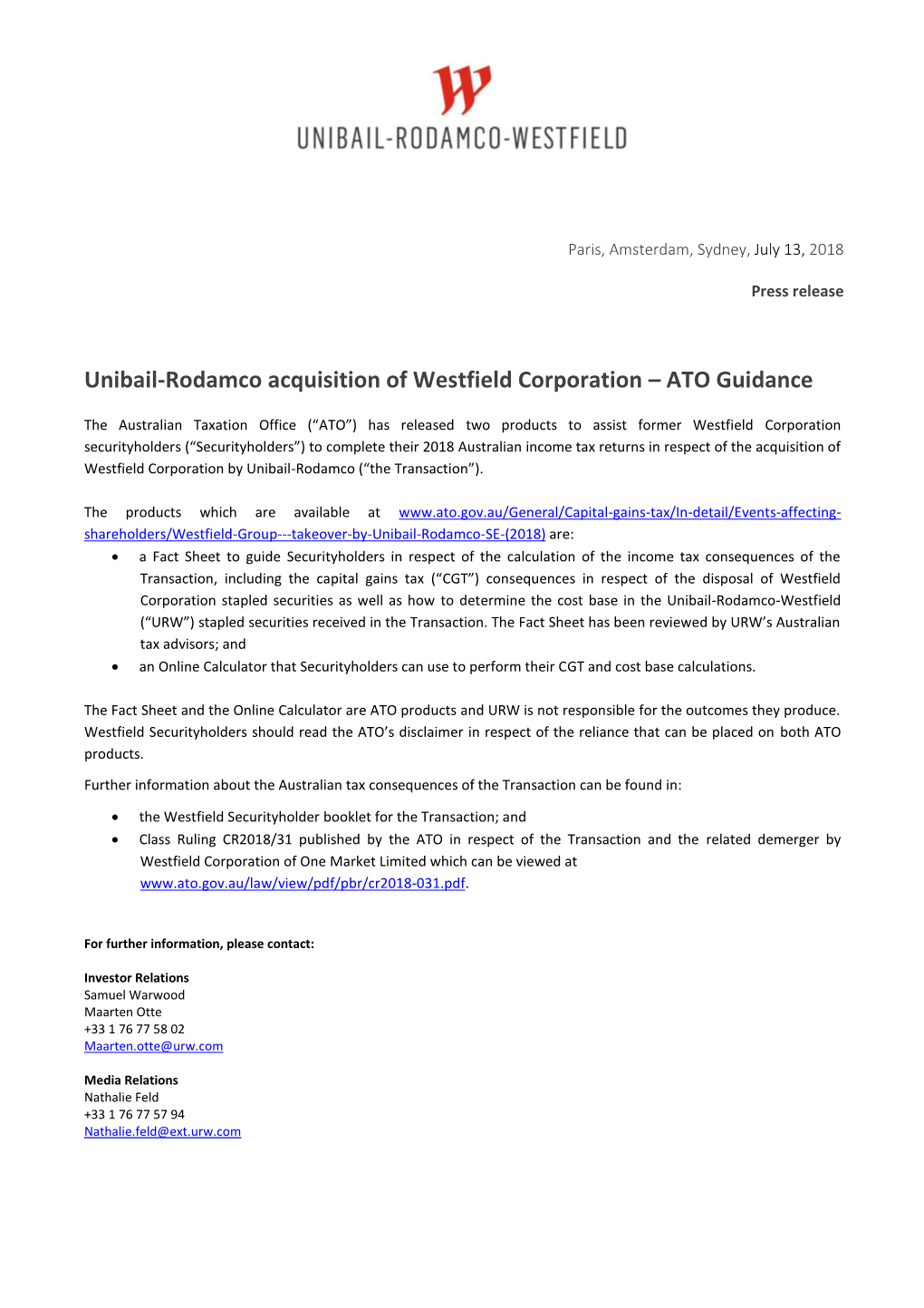 Unibail-Rodamco Acquisition of Westfield Corporation – ATO Guidance