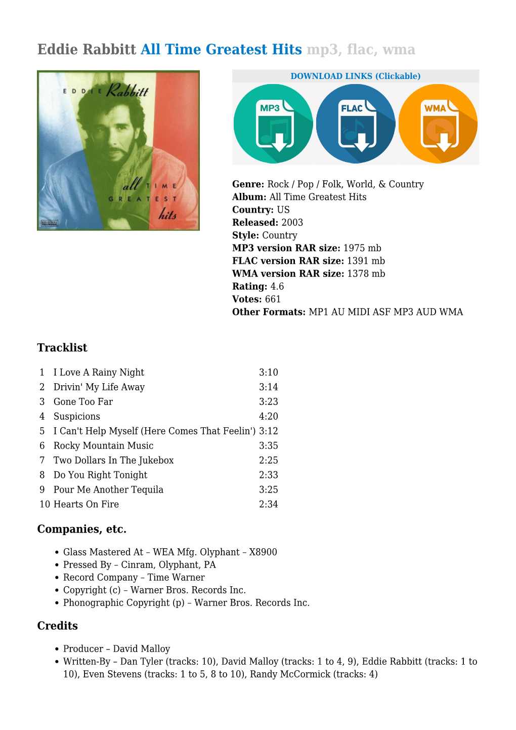 Eddie Rabbitt All Time Greatest Hits Mp3, Flac, Wma