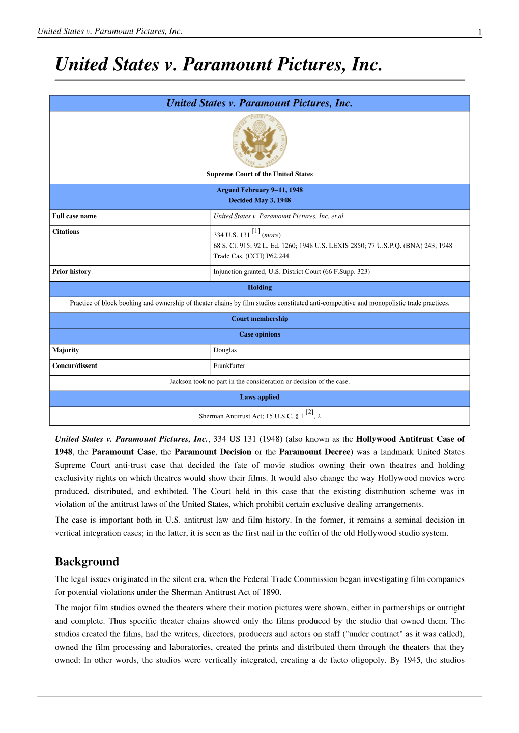 United States V. Paramount Pictures, Inc. 1 United States V