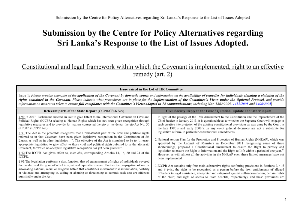 Submission by the Centre for Policy Alternatives Regarding Sri Lanka’S Response to the List of Issues Adopted