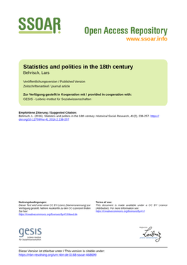 Statistics and Politics in the 18Th Century Behrisch, Lars