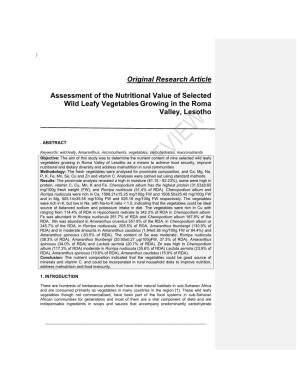 Original Research Article Assessment of the Nutritional Value of Selected