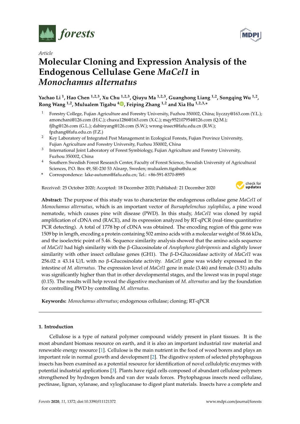 Molecular Cloning and Expression Analysis of the Endogenous Cellulase Gene Macel1 in Monochamus Alternatus