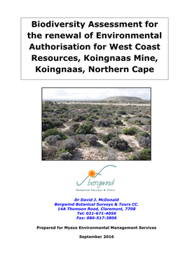 Biodiversity Assessment for the Renewal of Environmental Authorisation for West Coast Resources, Koingnaas Mine, Koingnaas, Nort